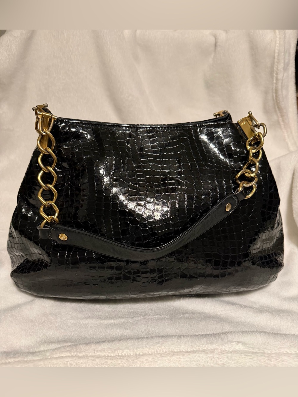 Eric Javits Black Croc-Embossed Shoulder Bag with Gold Chain Strap